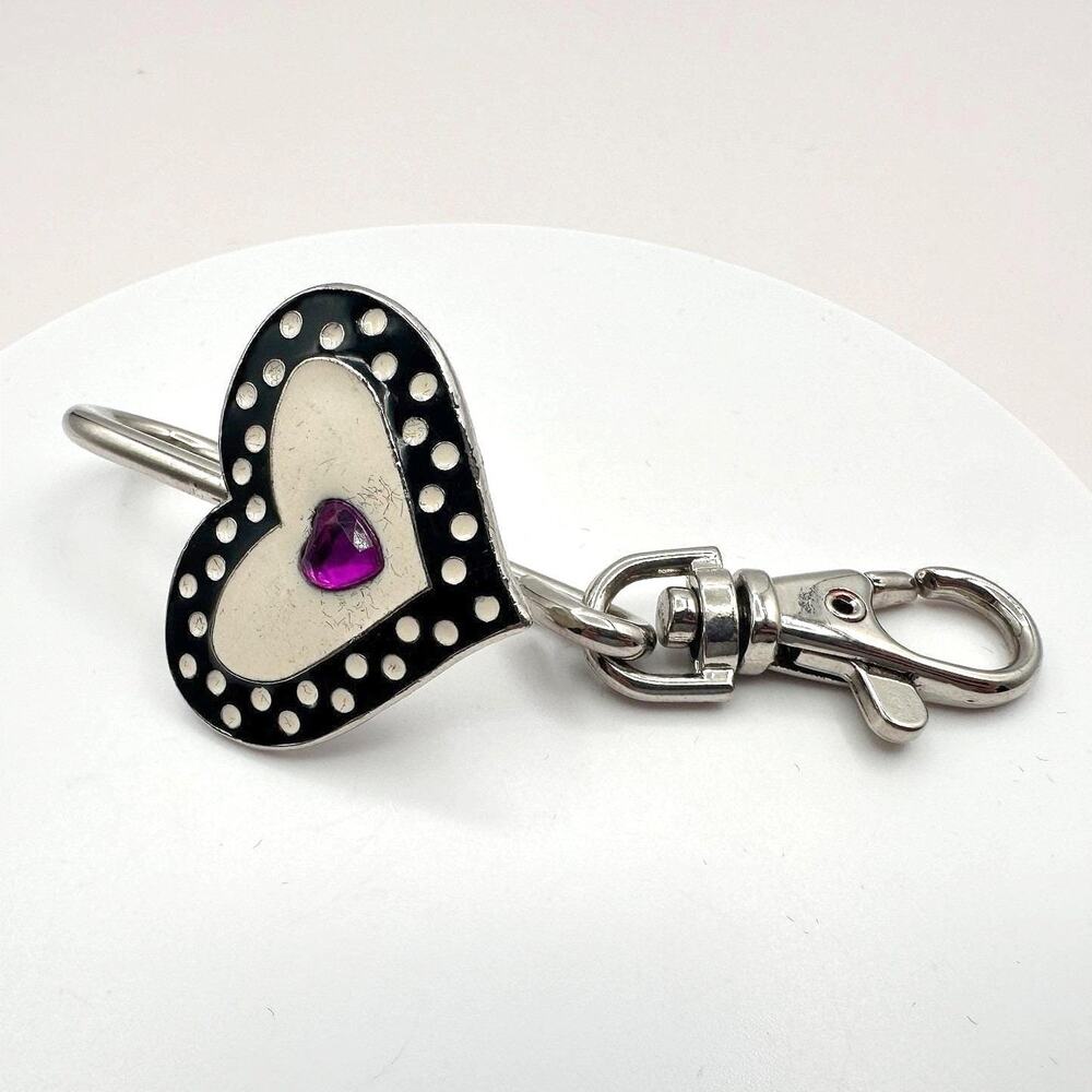 Vintage 90s Alexx Heart Key Purse Charm Polka Dot Enamel Keychain Purple Jewelry